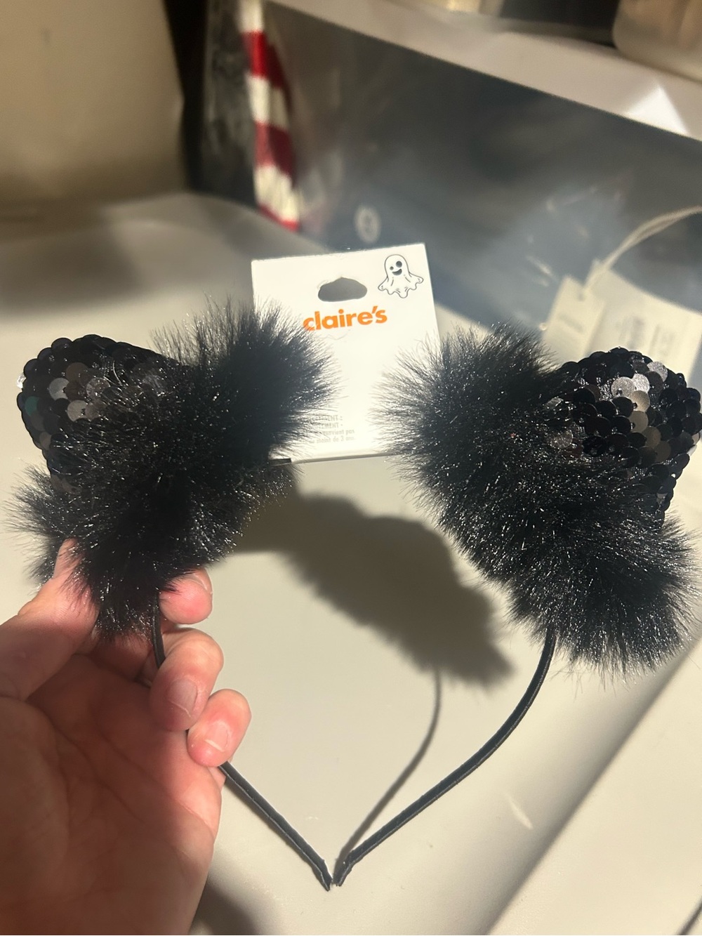 Claire's Black Sequin Fuzzy Cat Ear Headband